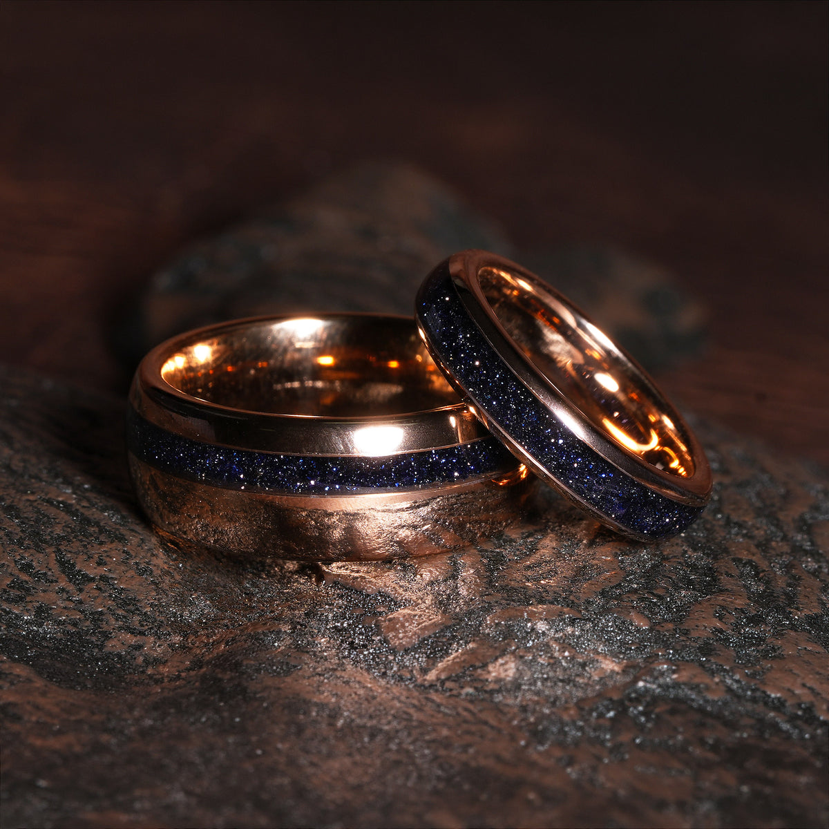 Cosmo Flare Blue Sandstone Matching Wedding Band Set | His and Hers 8mm & 4mm Rose Gold Tungsten Rings