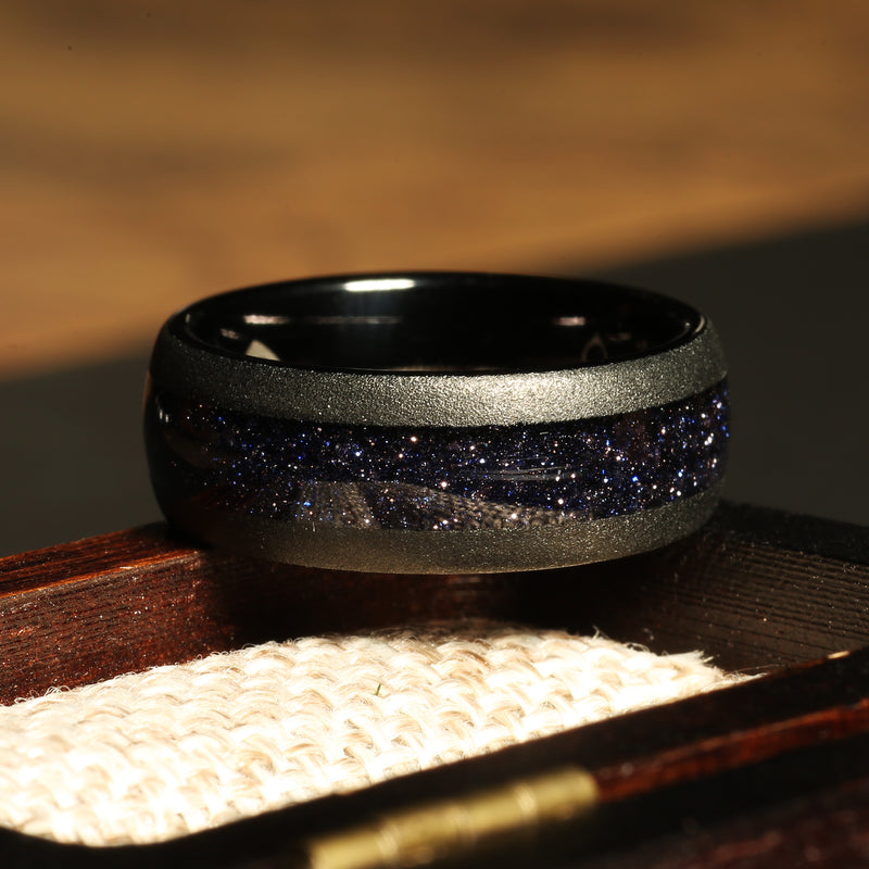 Blue sandstone wedding ring for men with black tungsten