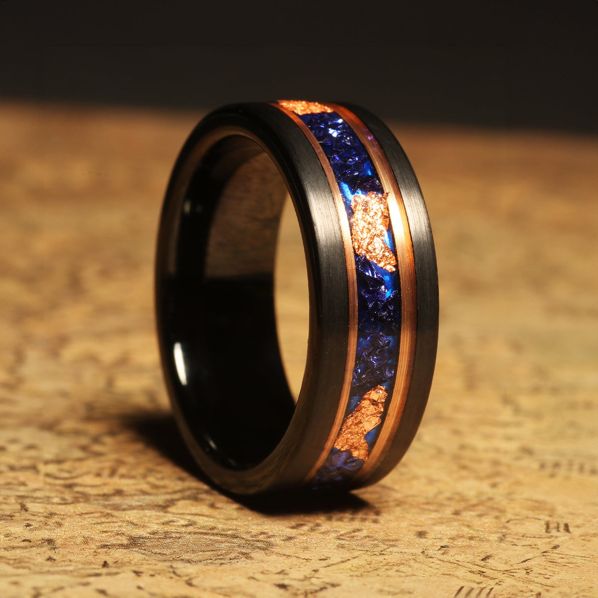 Blue sapphire wedding ring for men with gold leaf detail