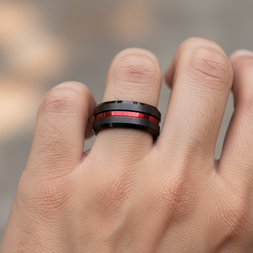 Firefighter Red Line Wedding Band for Men | 8mm Black Brushed Tungsten Ring 3