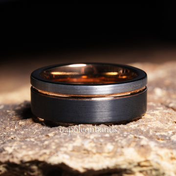 Corporate Rose Gold Strip Wedding Band for Men | 8mm Black Brushed Tungsten Ring 6