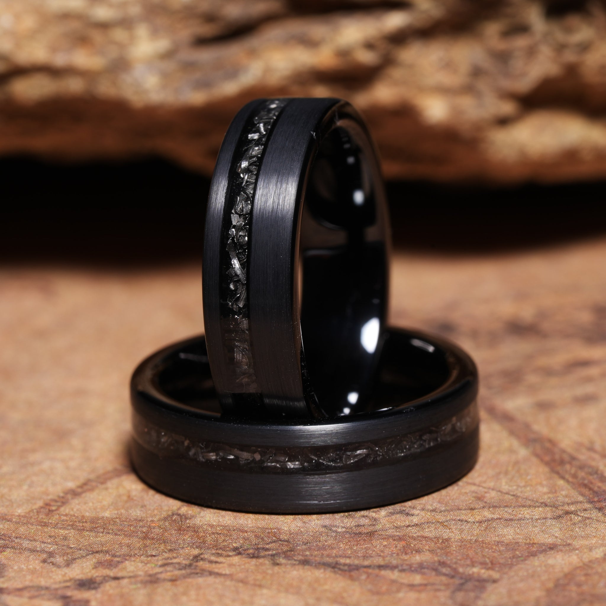 Meteorite Obsidian Ring for Women | 6mm Brushed Black Tungsten Band