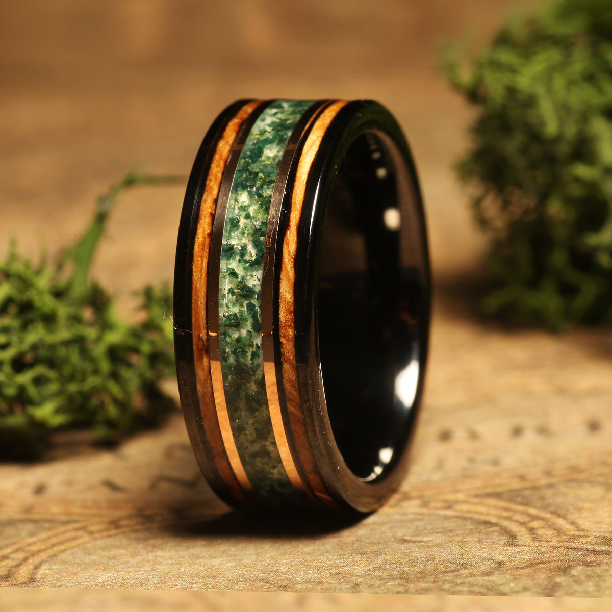 Burnt whiskey barrel moss agate wedding ring for men