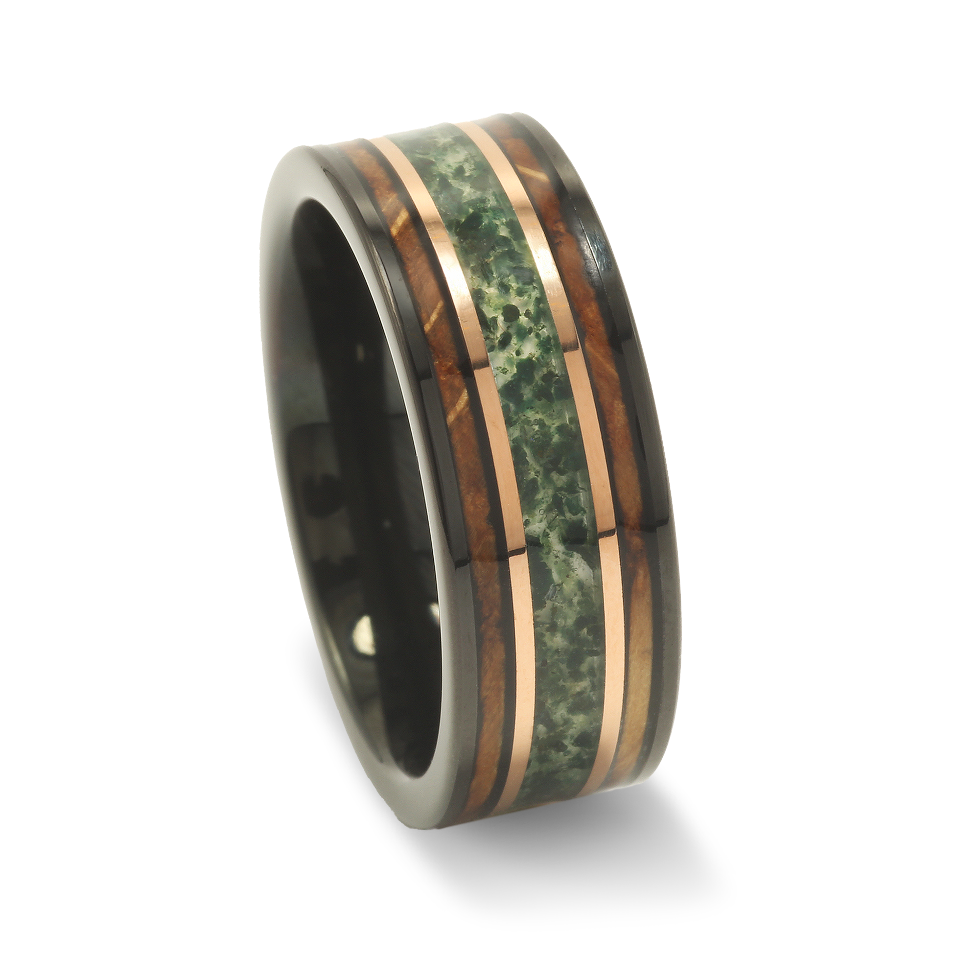 Whiskey Barrel Moss Agate Wedding Band for Men | 8mm Black Tungsten Ring