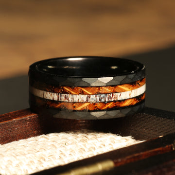 Charred Whiskey Barrel Deer Antler Wedding Band for Men | 8mm Black Tungsten Ring 2