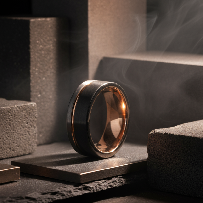 Corporate black tungsten wedding ring for men with asymmetric silver detail