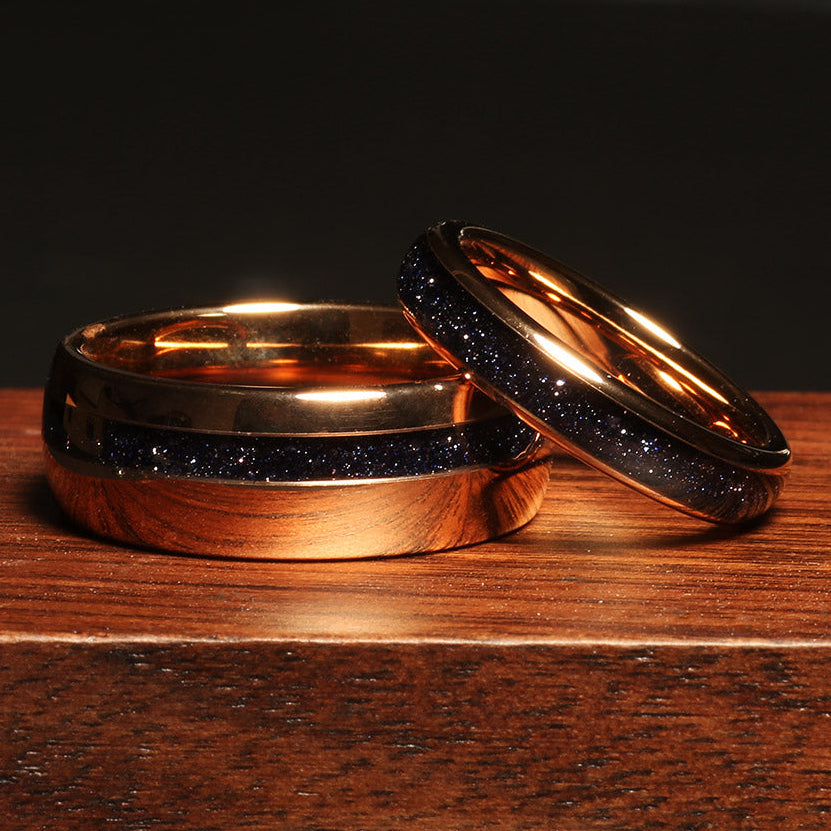 Cosmo Flare sandstone matching wedding band set with rose gold tungsten