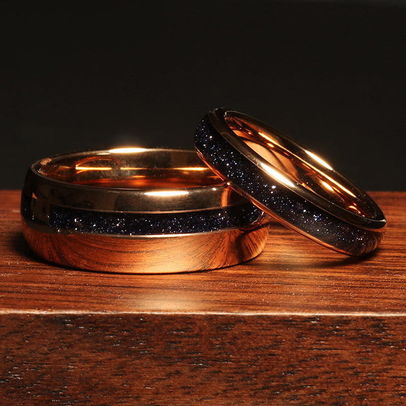Cosmo Flare sandstone matching wedding band set with rose gold tungsten