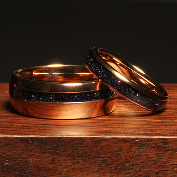 Cosmo Flare Sandstone Matching Wedding Band Set | His and Hers Rose Gold Tungsten Rings 1