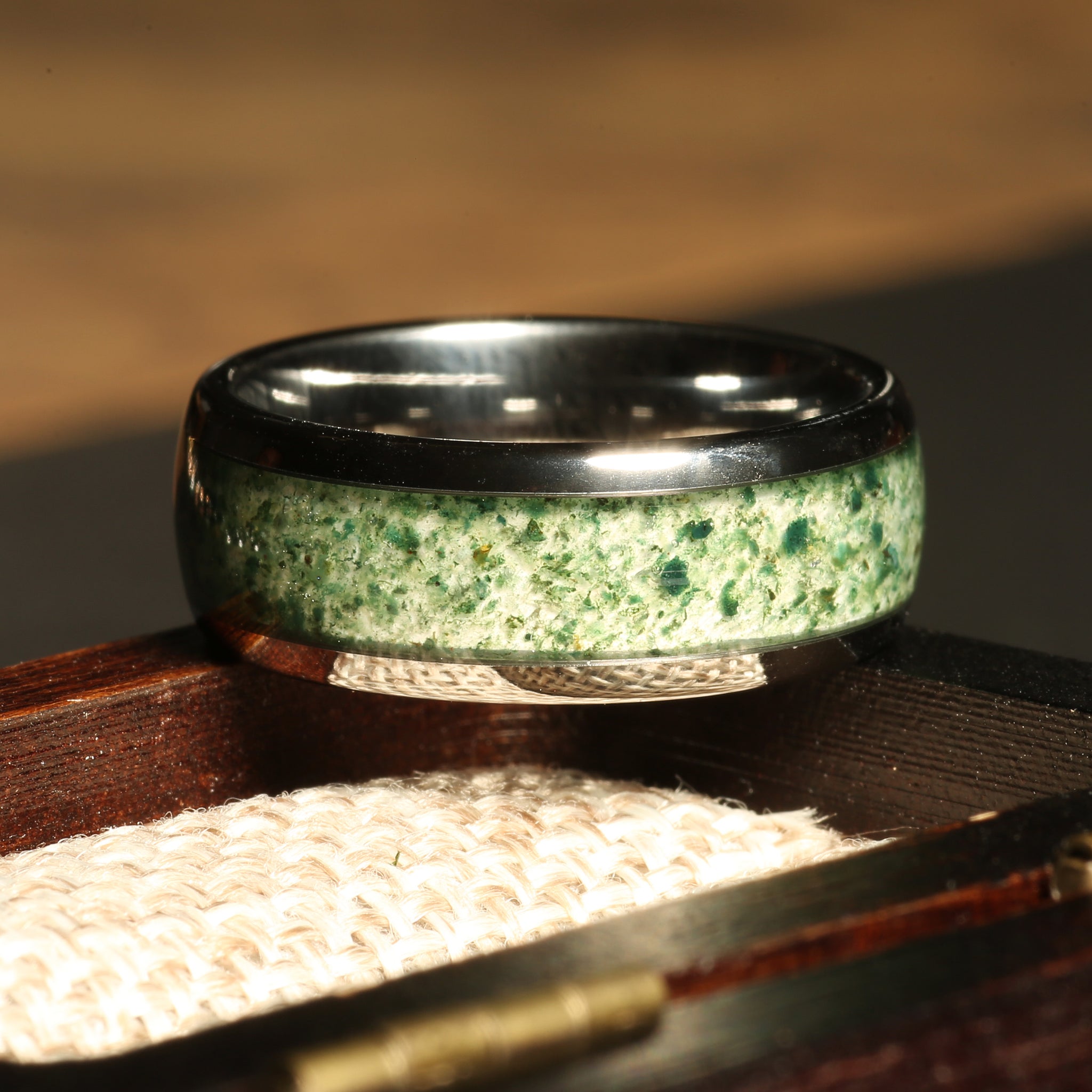 Moss Agate Matching Wedding Band Set | His and Hers Silver Tungsten Rings