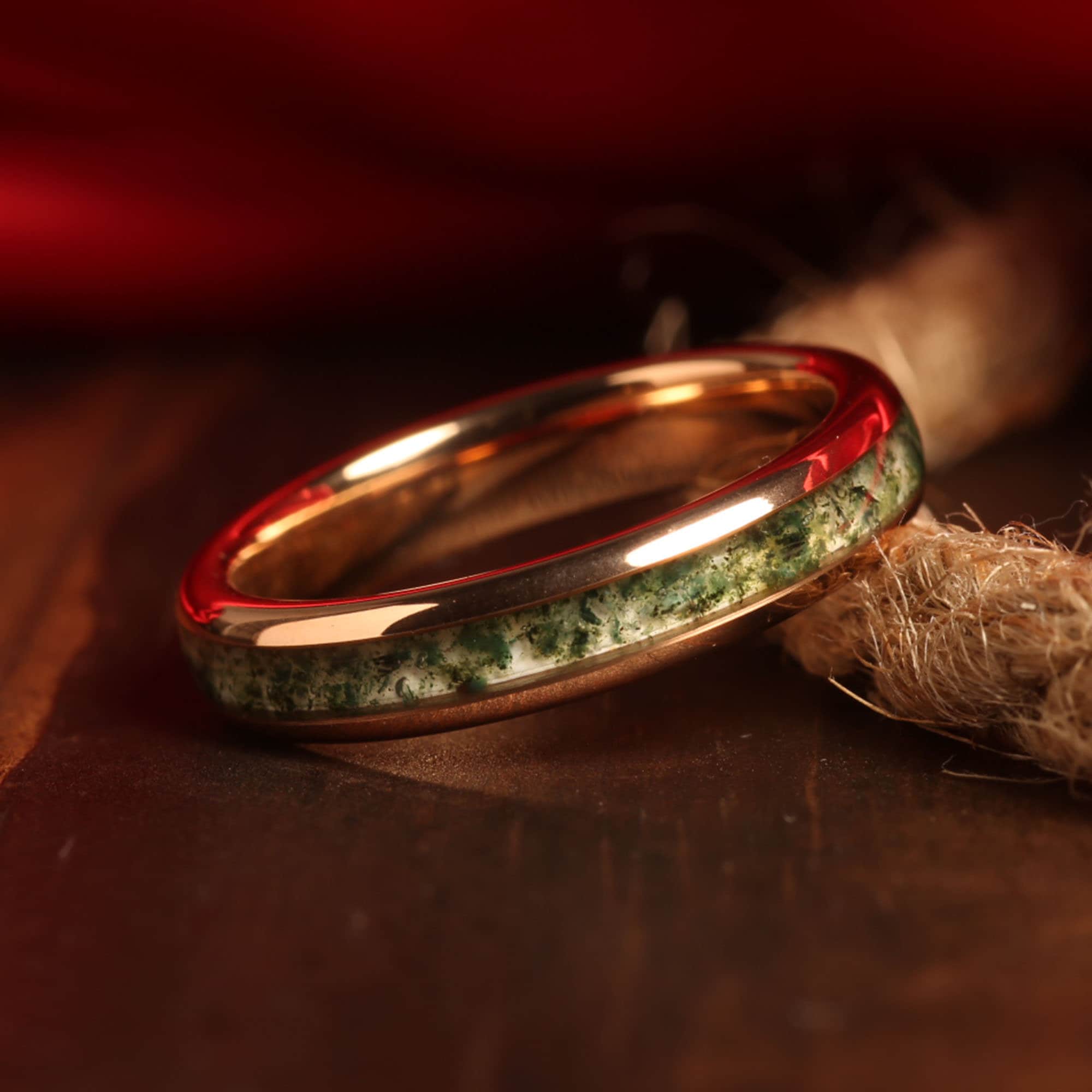 Domed Moss Agate Matching Wedding Band Set | His and Hers Rose Gold Tungsten Rings