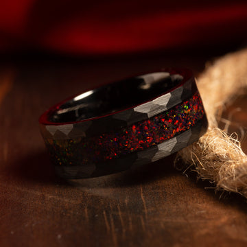 Fire Opal Matching Wedding Band Set | His and Hers Black Hammered Tungsten Rings 4
