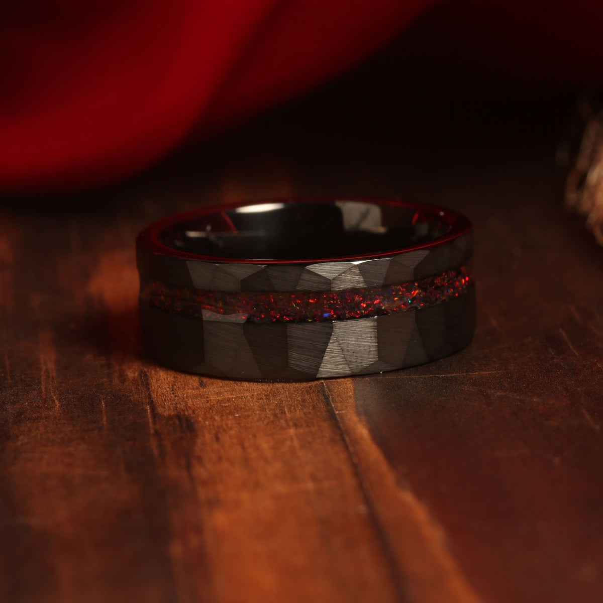 Couples fire red opal wedding band set with vivid red inlays