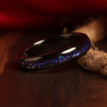 Meteorite Blue Opal Matching Wedding Band Set | His and Hers Black Tungsten Rings 4