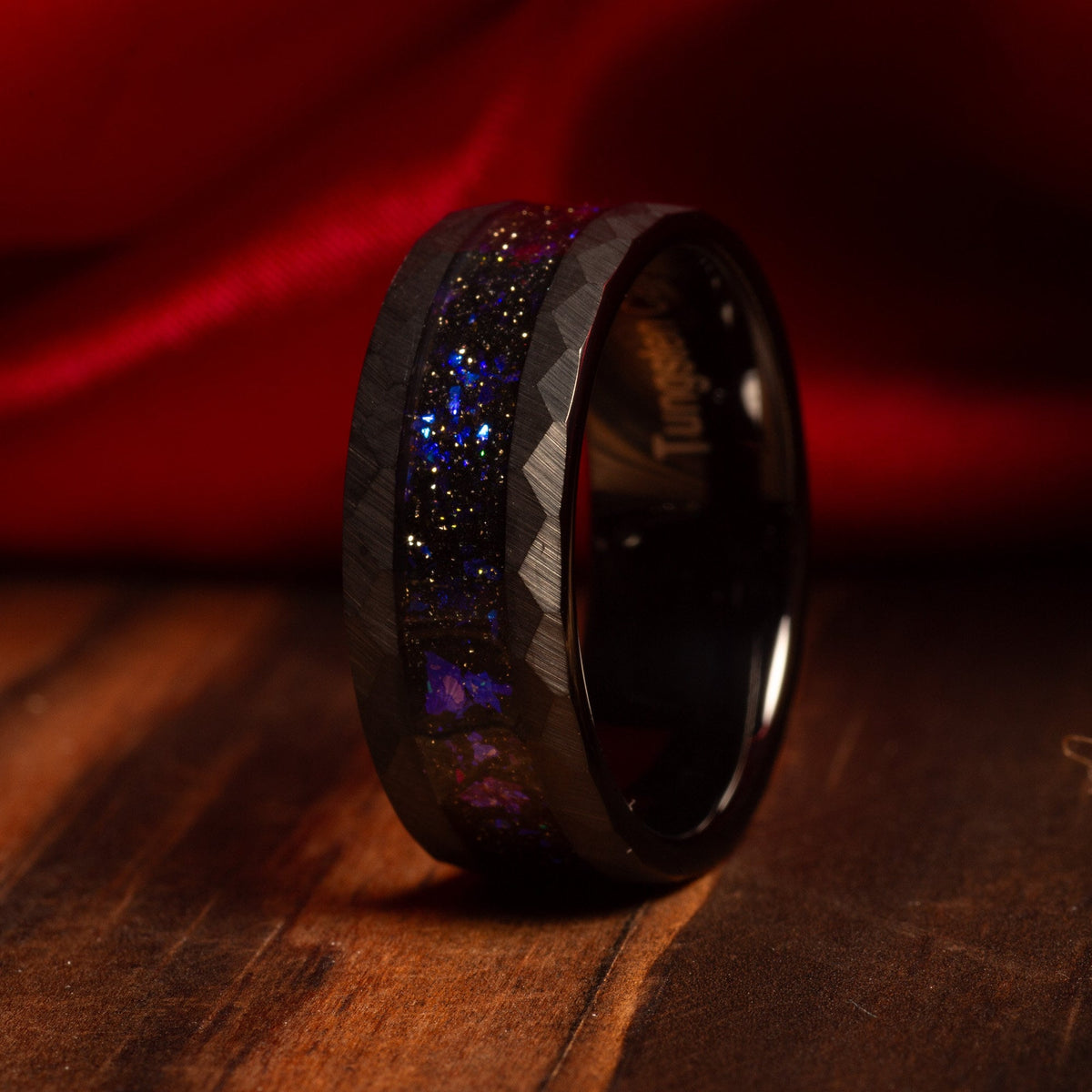 Couples meteorite blue sandstone wedding band set with galaxy inlays
