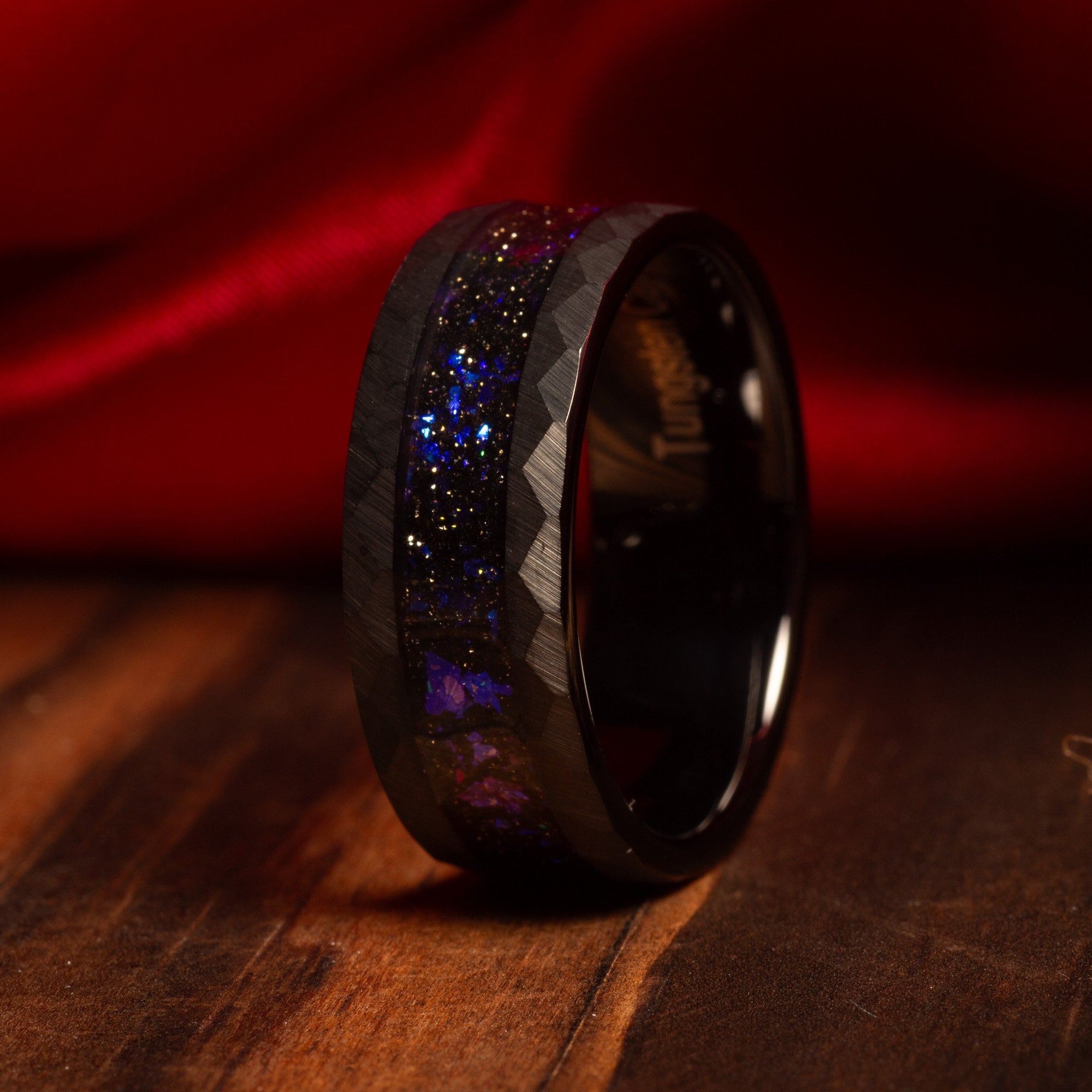 Meteorite Blue Sandstone Matching Wedding Band Set | His and Hers Black Hammered Tungsten Rings