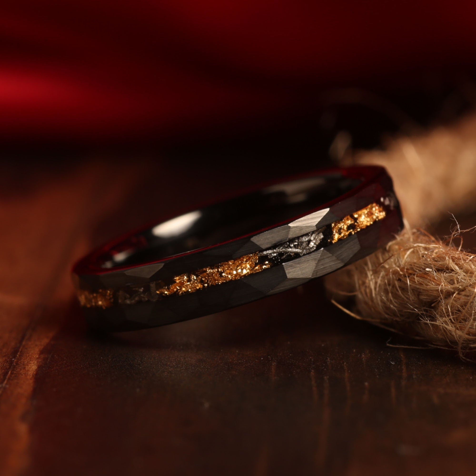 Meteorite Gold Leaf Matching Wedding Band Set | His and Hers Black Hammered Tungsten Rings