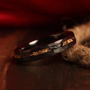Meteorite Gold Leaf Matching Wedding Band Set | His and Hers Black Hammered Tungsten Rings 4
