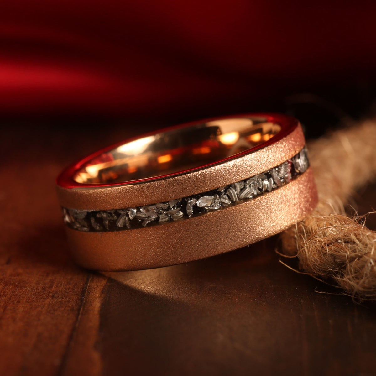 Couples meteorite wedding band set with sandblasted rose gold finish