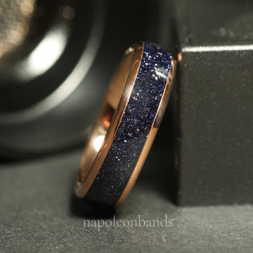 Milky Way Sandstone Matching Wedding Band Set | His and Hers Rose Gold Tungsten Rings 4