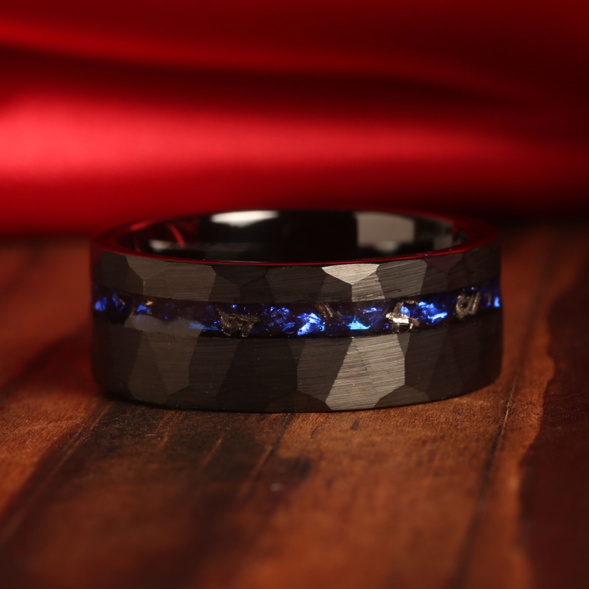 Nebula Sandstone Meteorite Matching Wedding Band Set | His and Hers Black Hammered Tungsten Rings