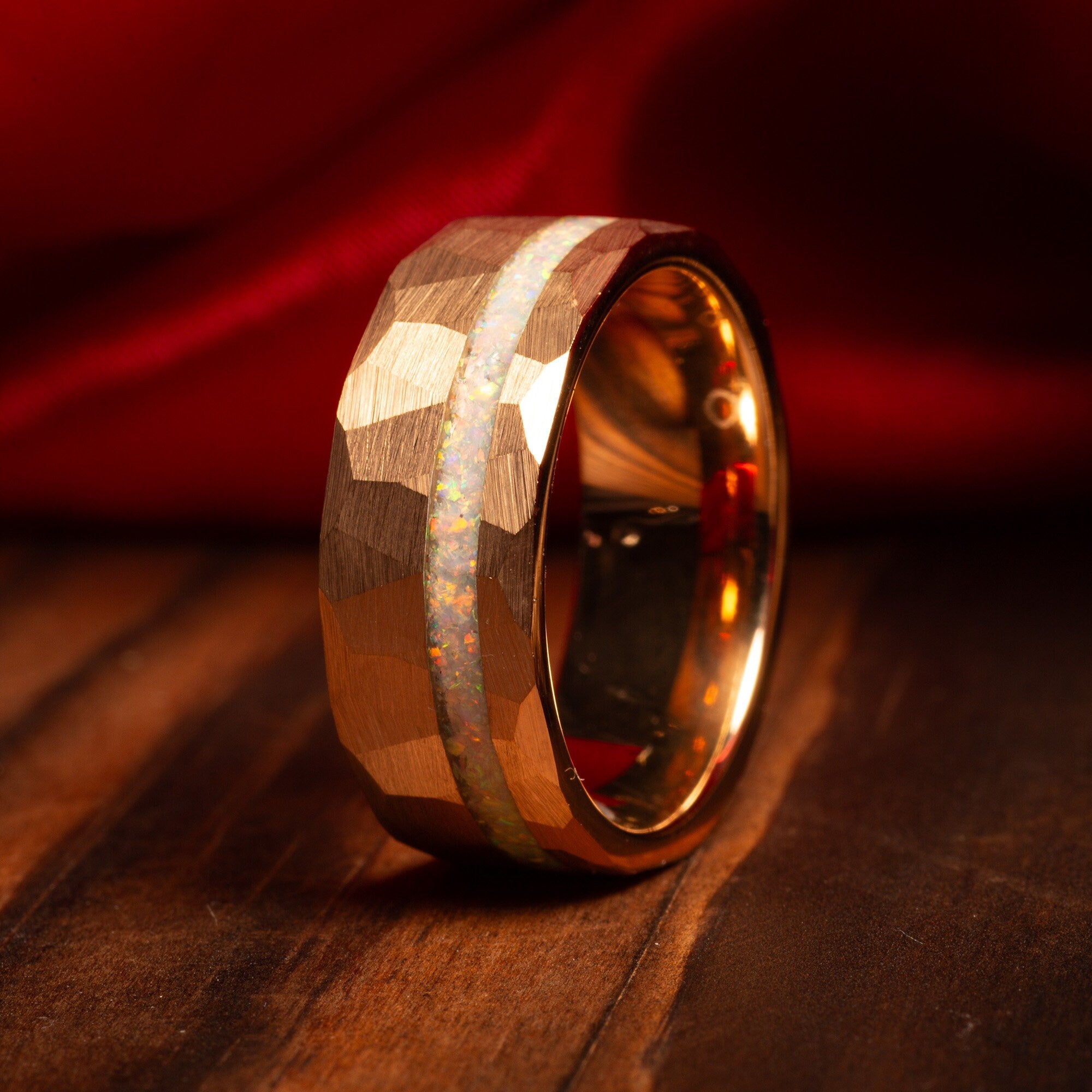 White Opal Matching Wedding Band Set | His and Hers Rose Gold Tungsten Rings