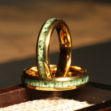 Evergold Moss Agate Matching Wedding Band Set | His and Hers Yellow Gold Tungsten Rings 5