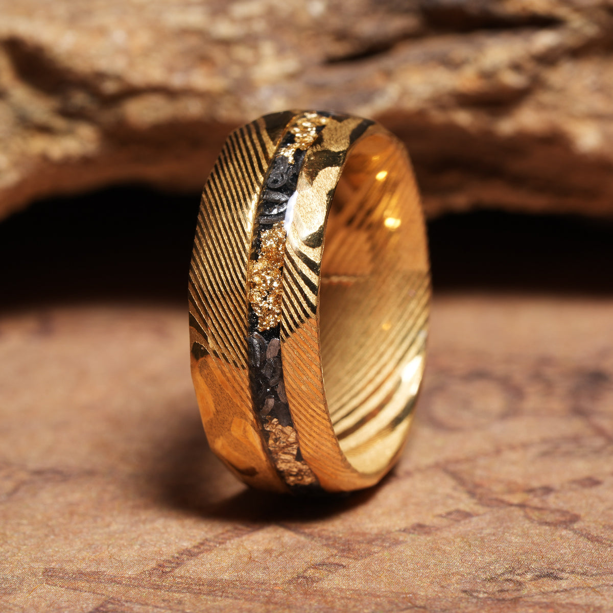 Damascus meteorite obsidian ring for men with 24k gold leaf