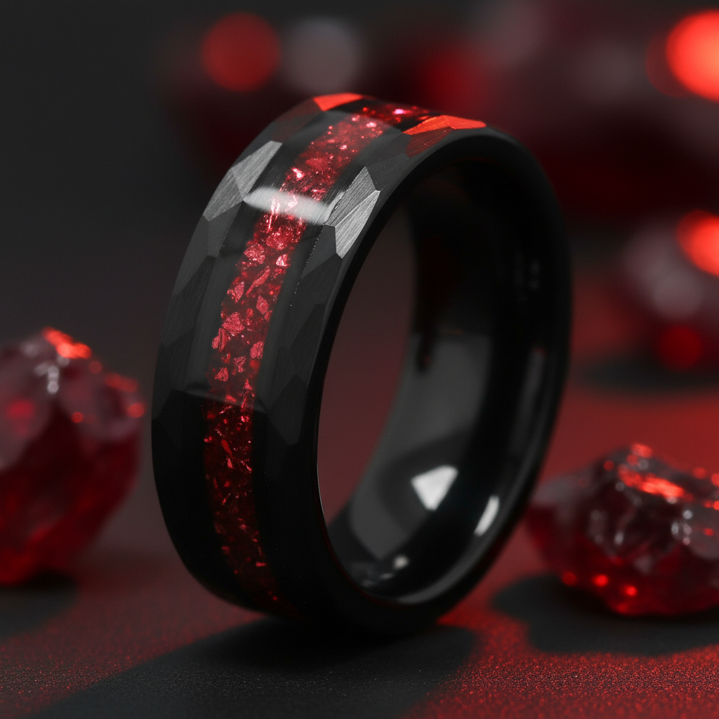 Deep red ruby wedding band for men with black hammered finish