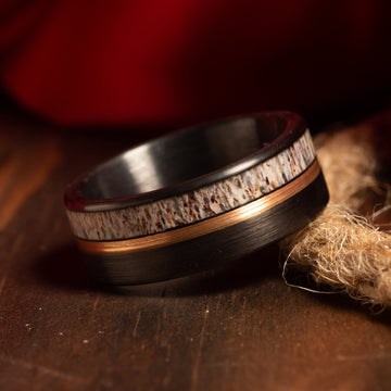 Deer Antler Rose Gold Strip Wedding Band for Men | 8mm Black Tungsten Ring 6