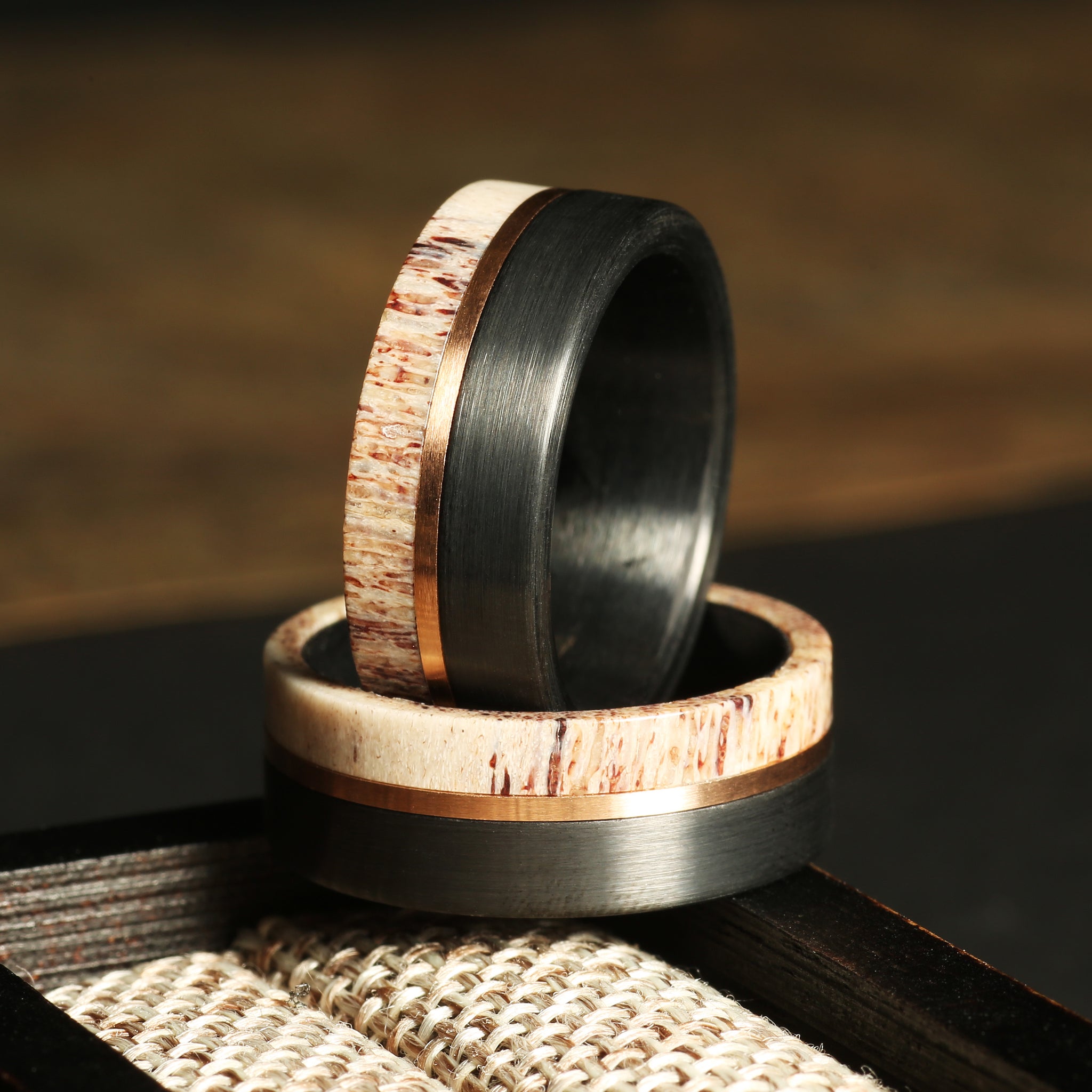 Deer Antler Matching Wedding Band Set | His Black Tungsten & Her Sterling Silver Ring