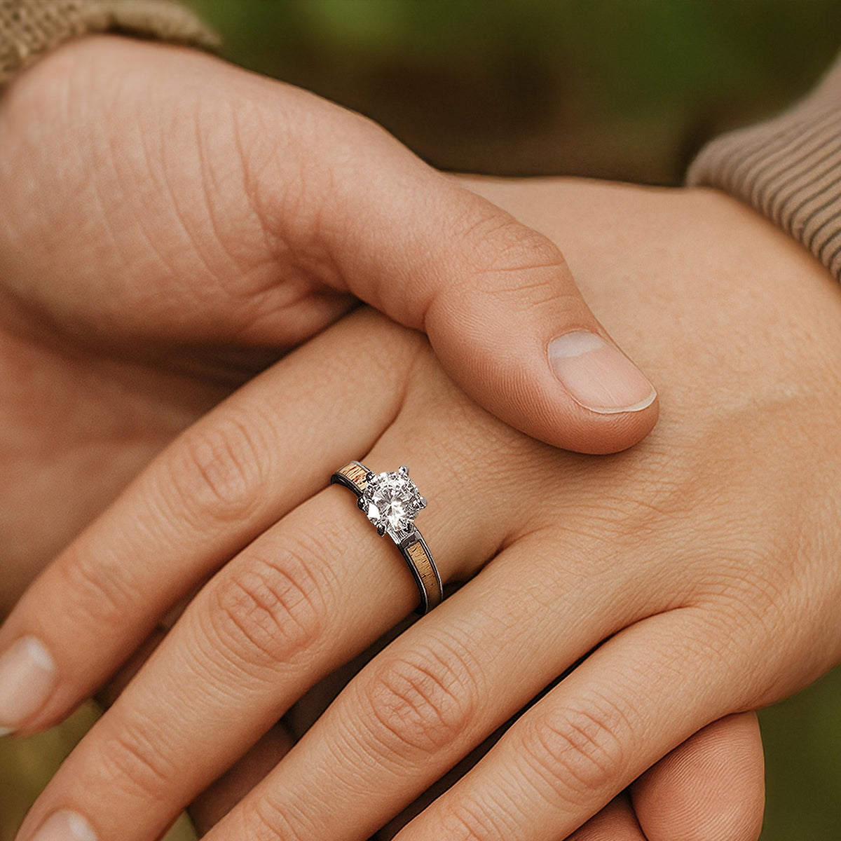 Deer antler CZ ring for women with bright sterling silver band
