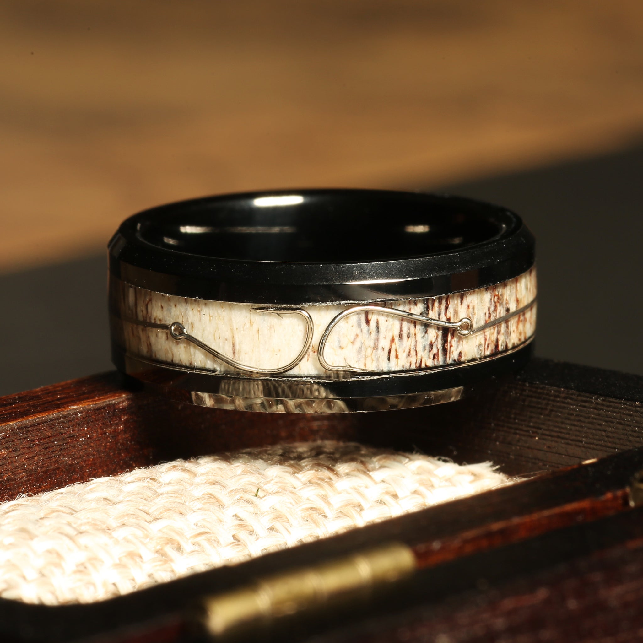 Fishing Hook Deer Antler Wedding Band for Men | 8mm Black Tungsten Ring