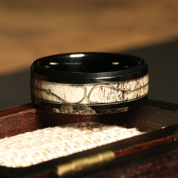 Fishing Hook Deer Antler Wedding Band for Men | 8mm Black Tungsten Ring 2