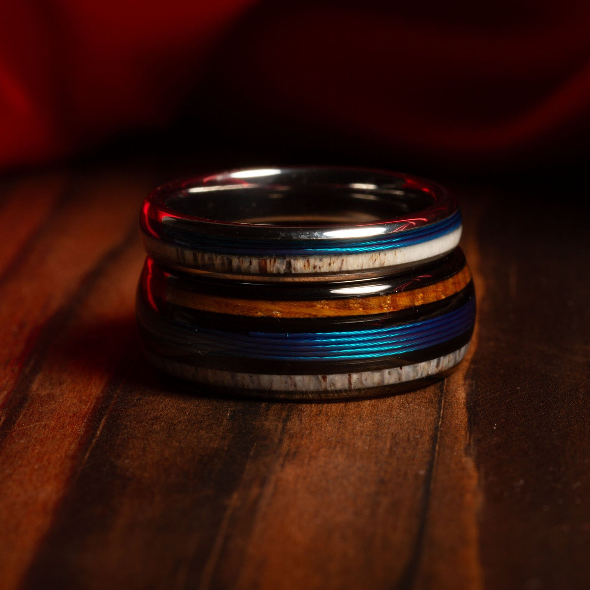 Deer antler fishing line couple ring set with whiskey barrel detail