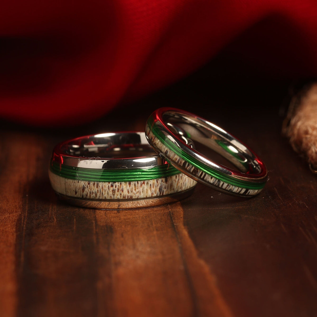 Deer antler fishing line matching wedding band set with silver tungsten