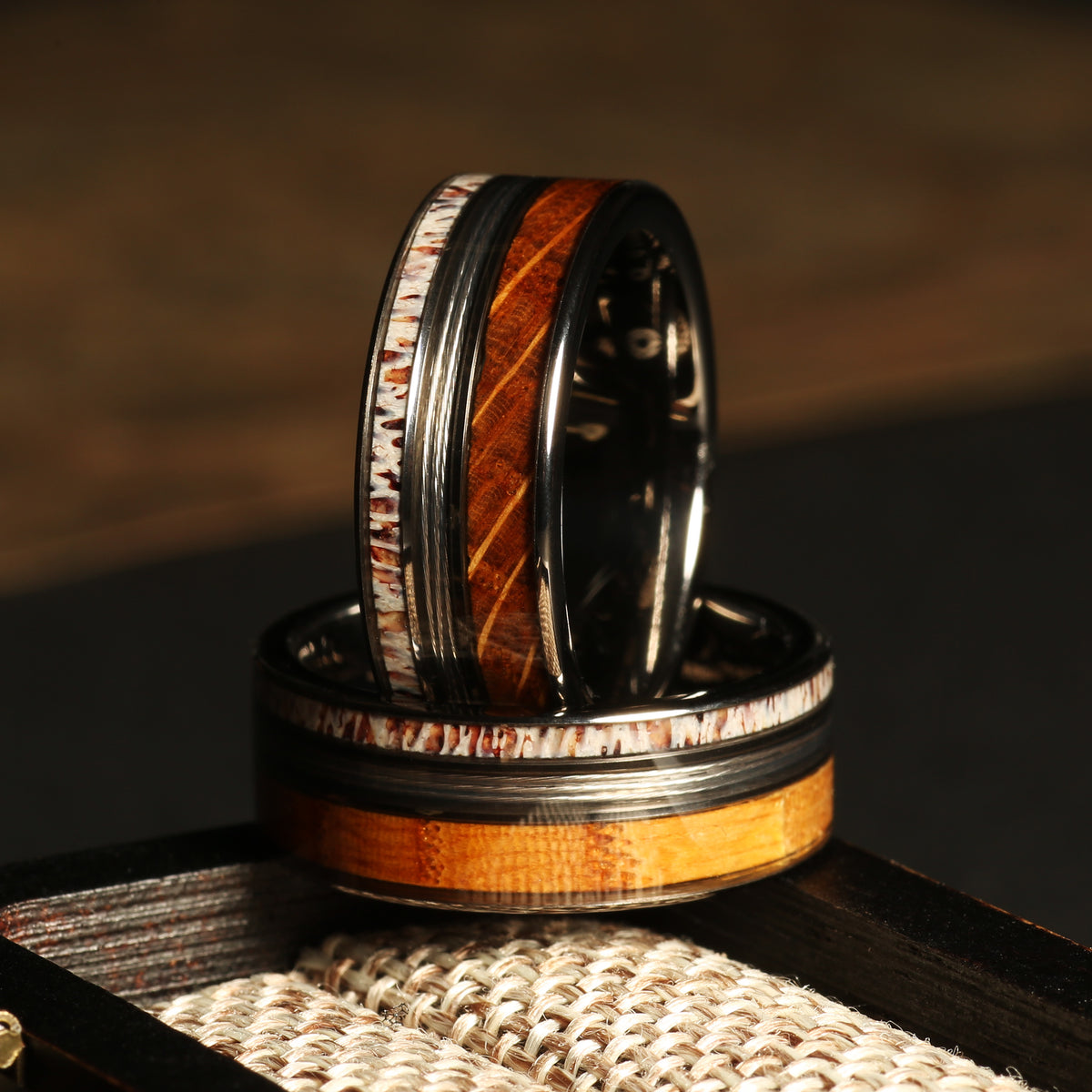 Deer antler fishing line wedding ring for men with whiskey barrel wood