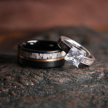Deer Antler Matching Wedding Band Set | His & Hers Couple Rings — Black Tungsten & Sterling Silver 1