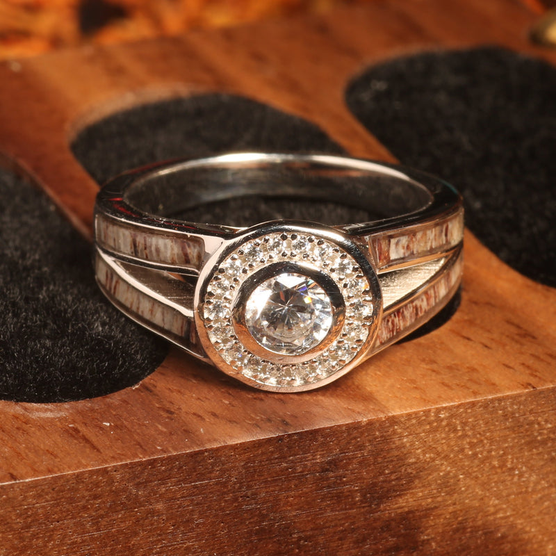 Deer antler halo ring for women with cubic zirconia