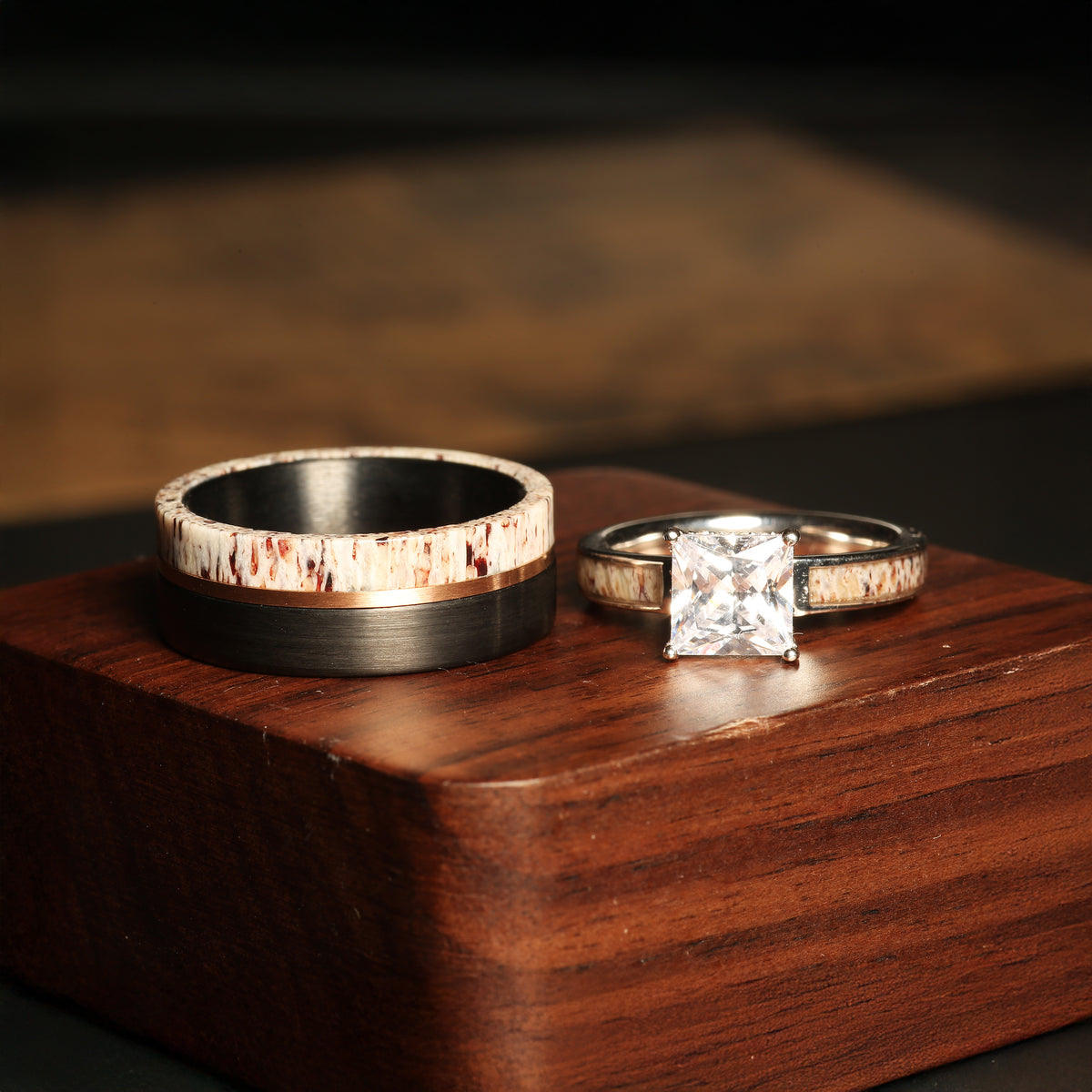 Deer antler matching wedding band set for couples