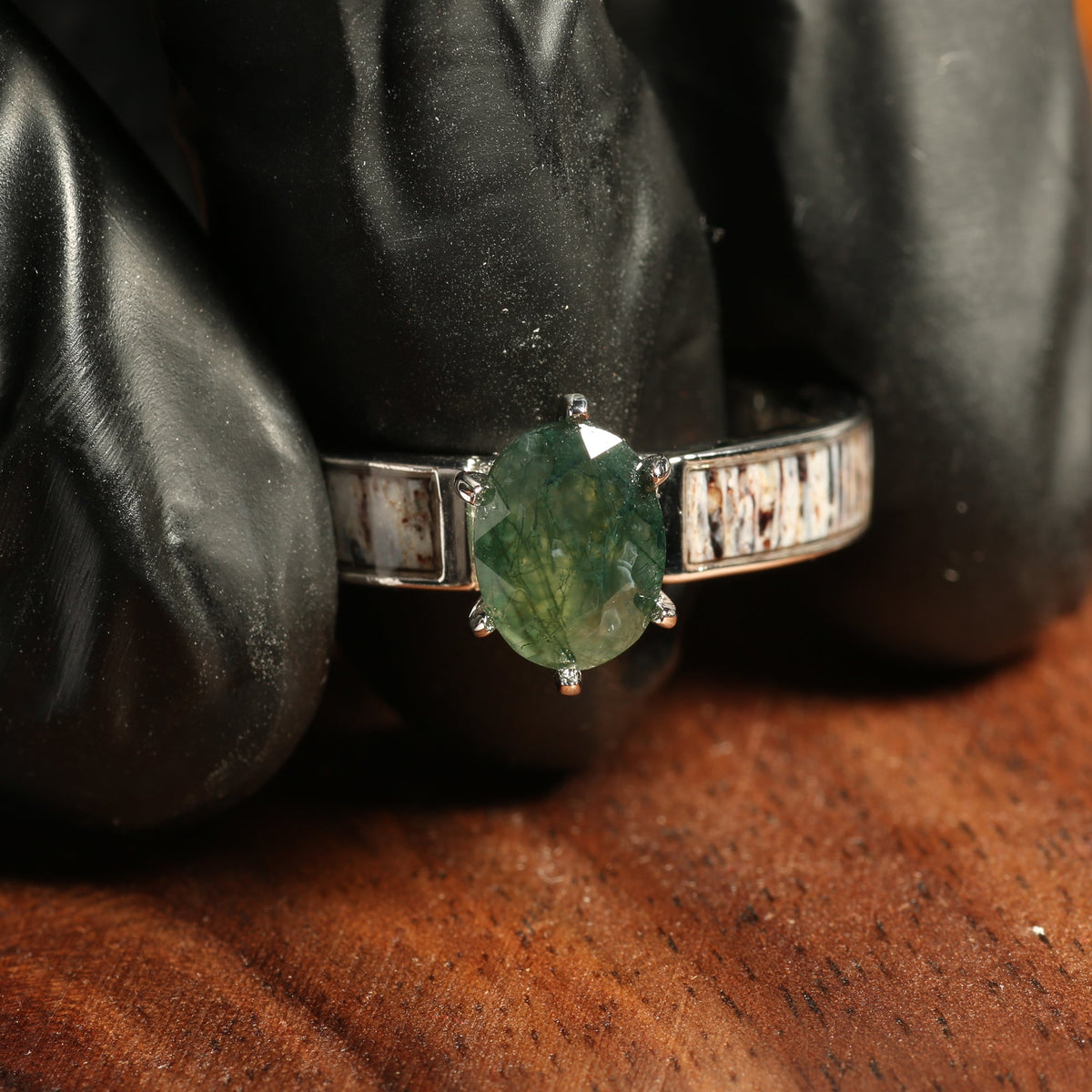 Deer antler moss agate ring for women with center stone