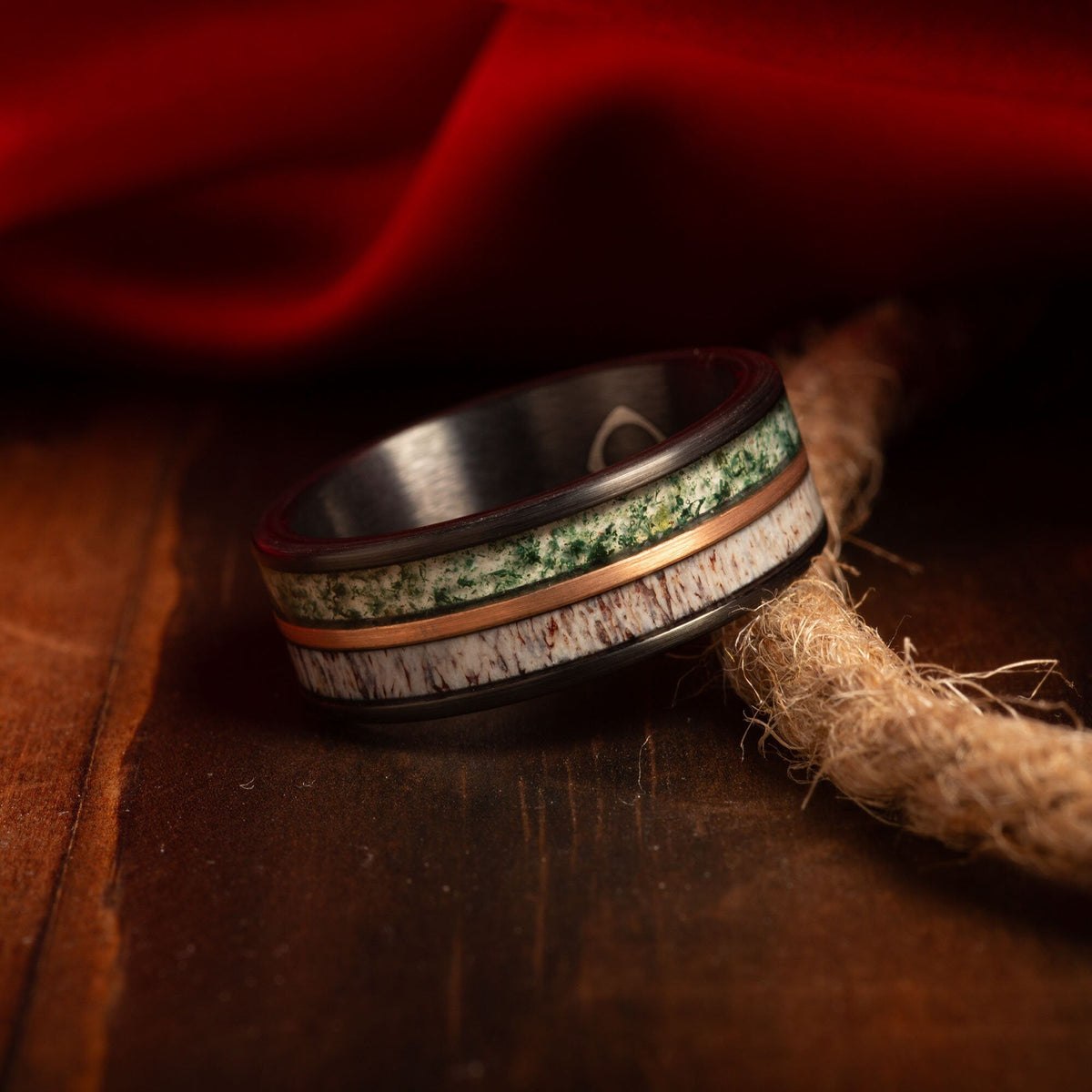 Deer antler moss agate tungsten ring for men
