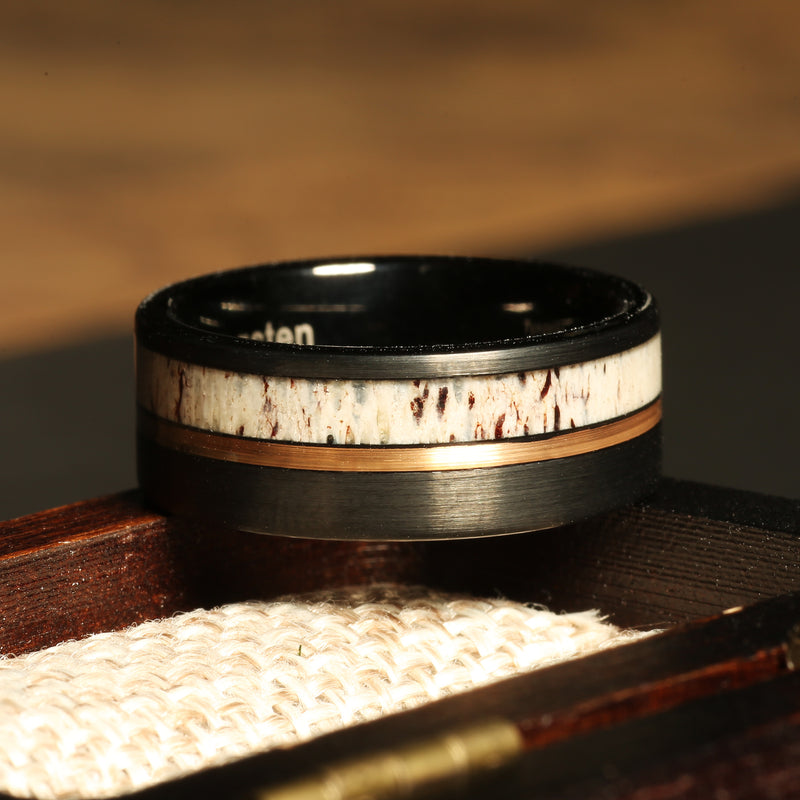Deer antler rose gold strip ring for men with brushed black tungsten