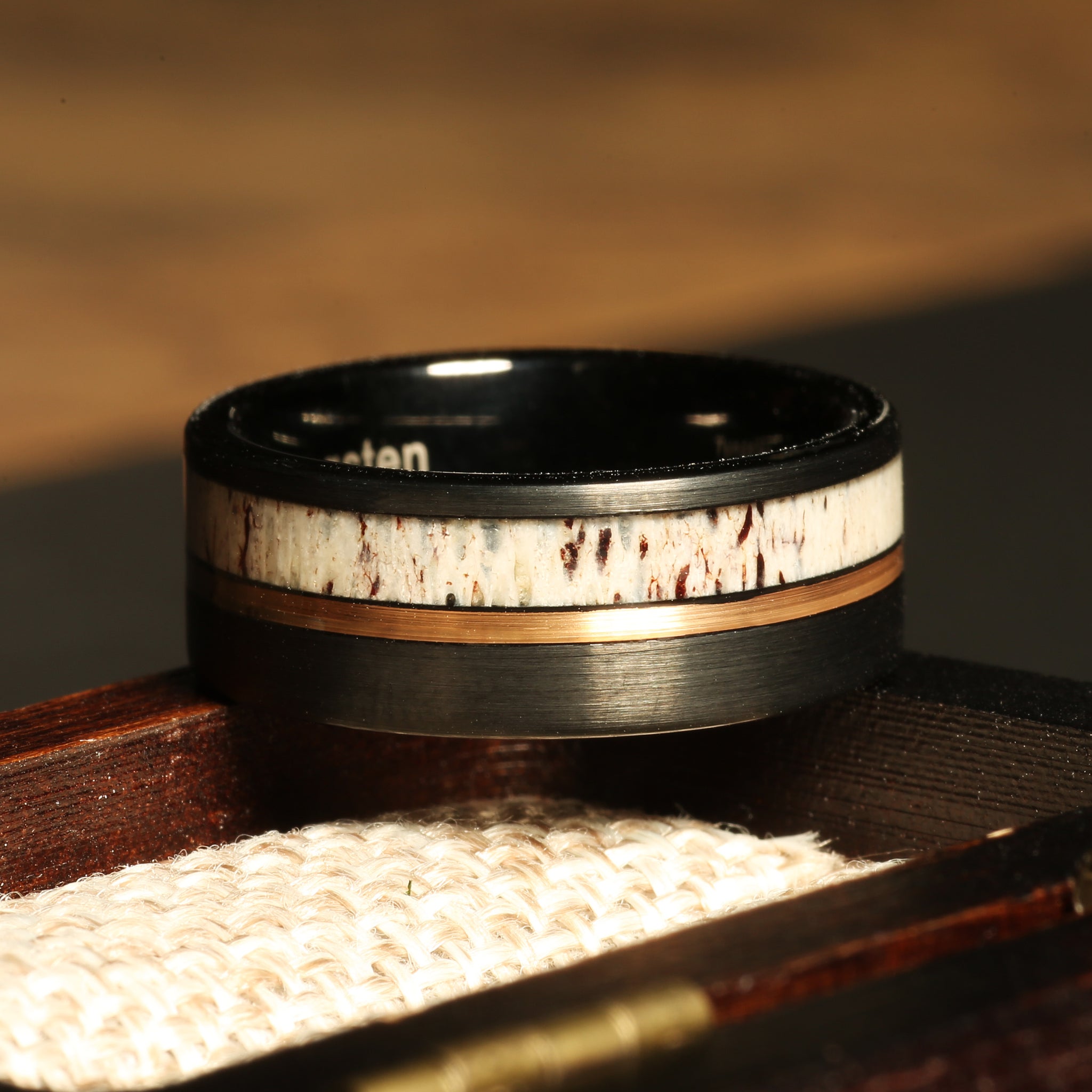 Deer Antler Rose Gold Strip Wedding Band for Men | 8mm Black Tungsten Ring