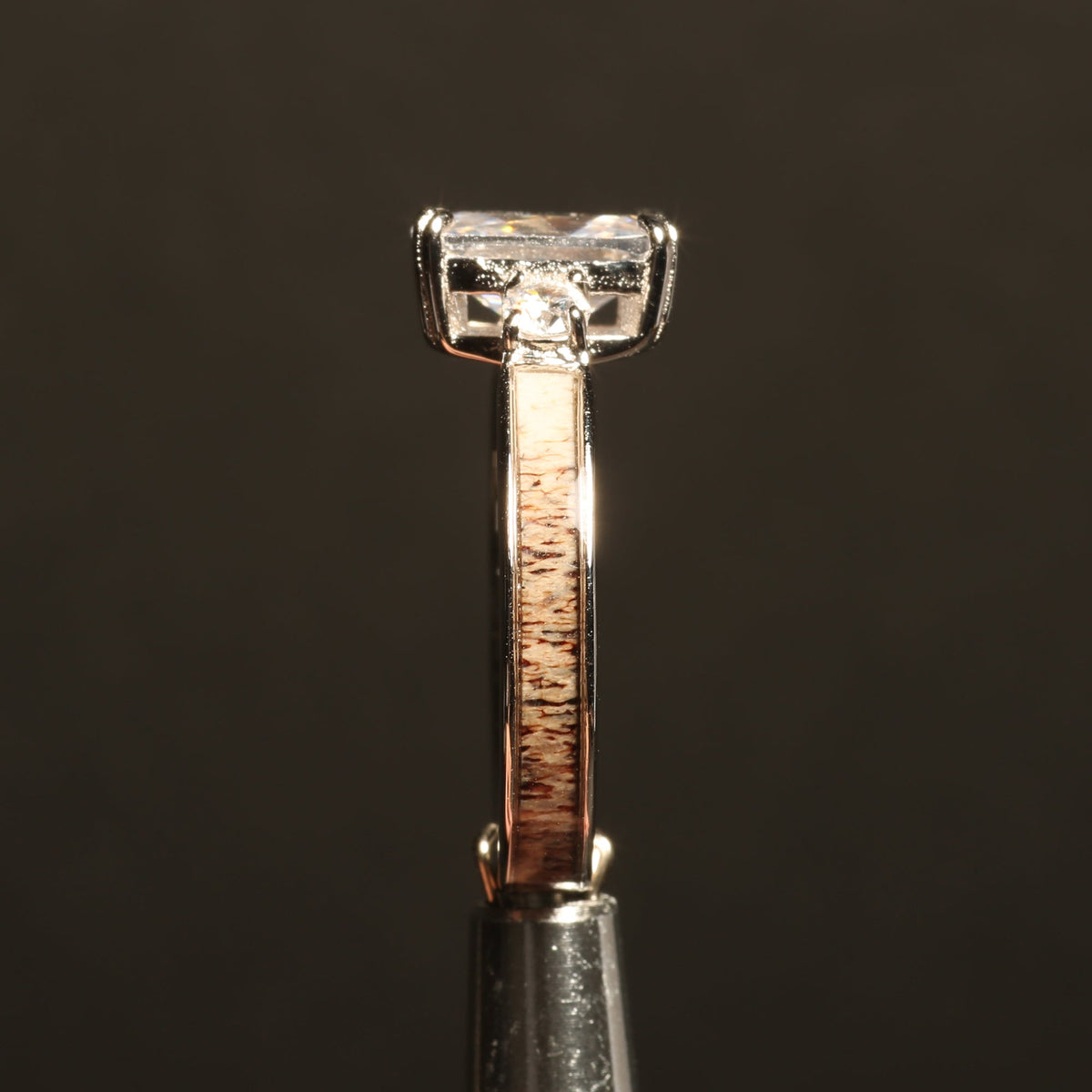 Deer antler wedding ring for women with radiant center stone
