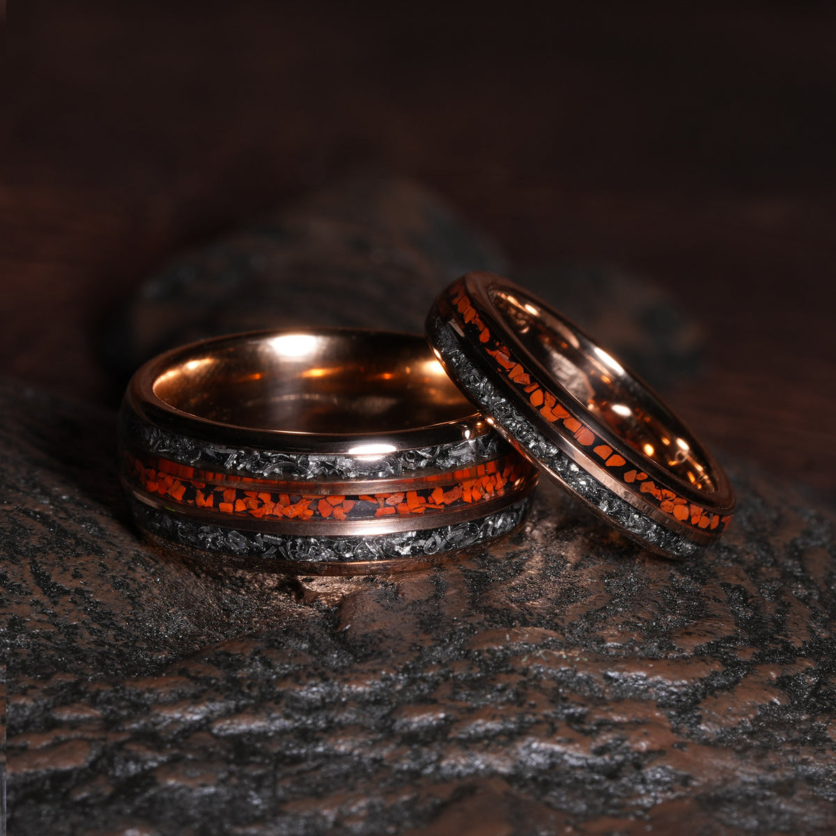 Meteorite Dinosaur Bone Matching Wedding Band Set | His and Hers Rose Gold Tungsten Rings