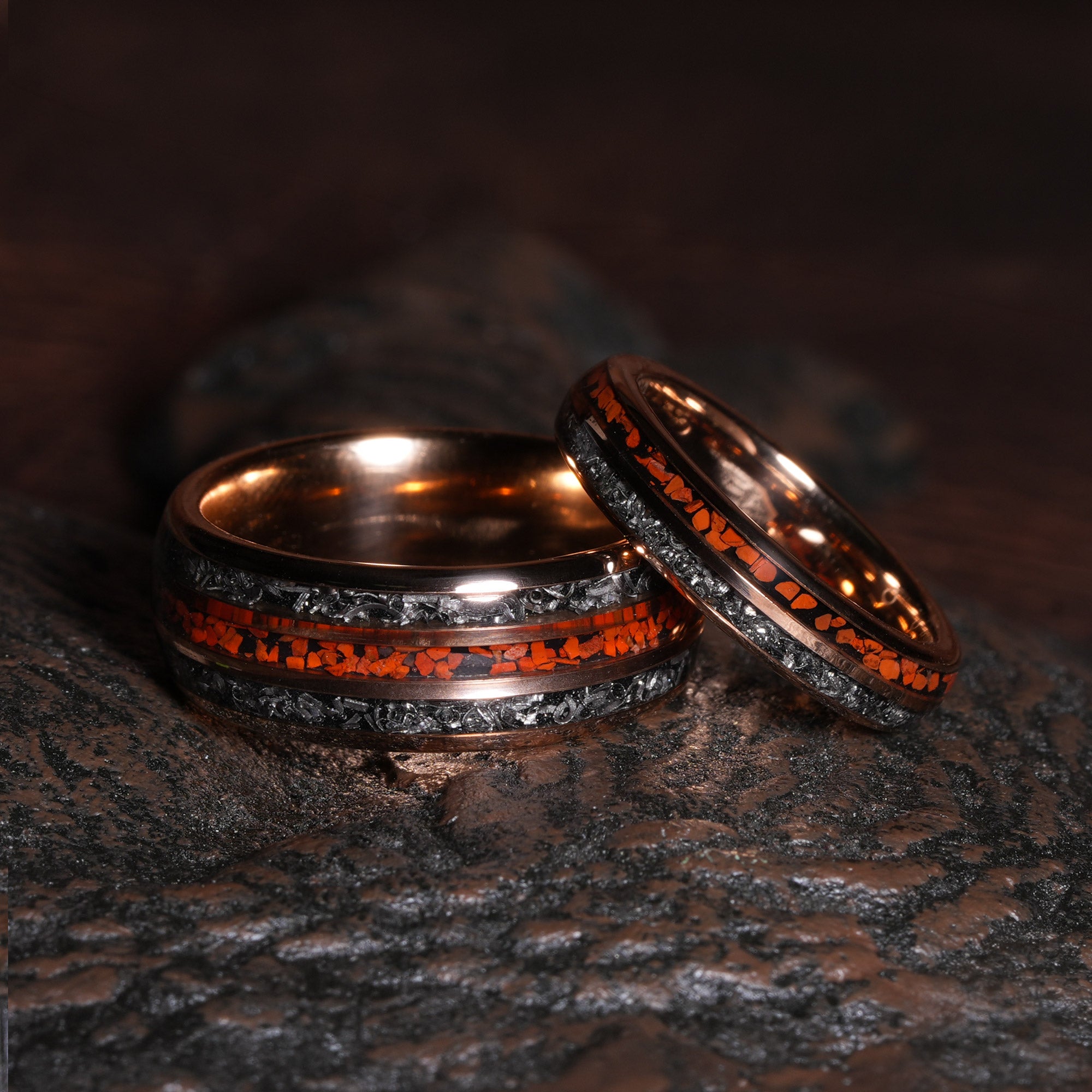 Meteorite Dinosaur Bone Matching Wedding Band Set | His and Hers Rose Gold Tungsten Comfort Fit Rings