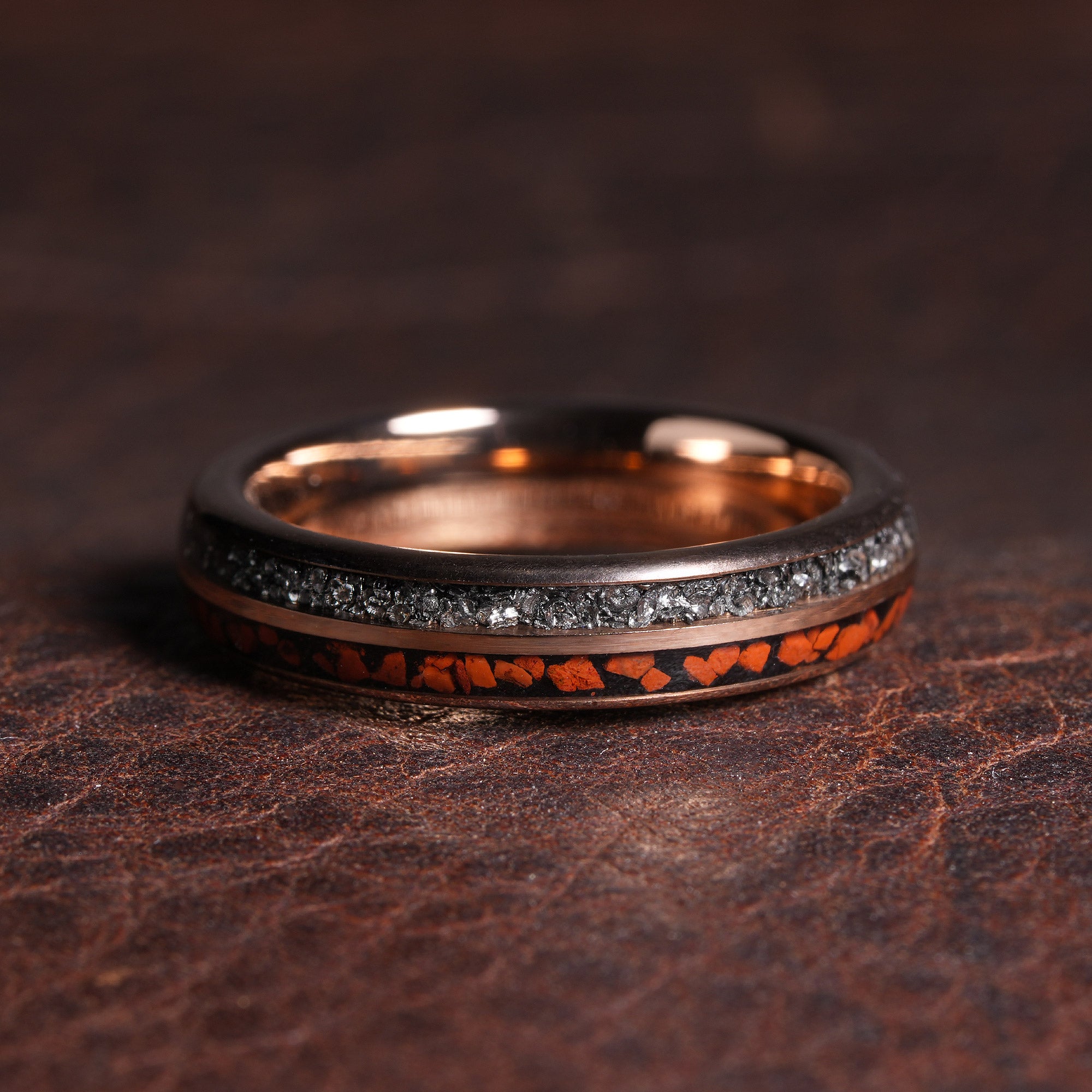 Rose Gold Meteorite Dinosaur Bone Ring for Women | 4mm Tungsten Band