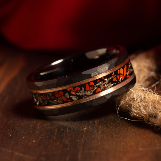 Meteorite Dinosaur Bone Rose Gold Strip Wedding Band for Men | 8mm Black Tungsten Ring
