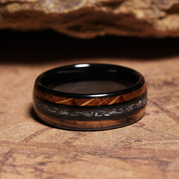 Whiskey Barrel Meteorite Wedding Band for Men | 8mm Domed Black Tungsten Ring 2